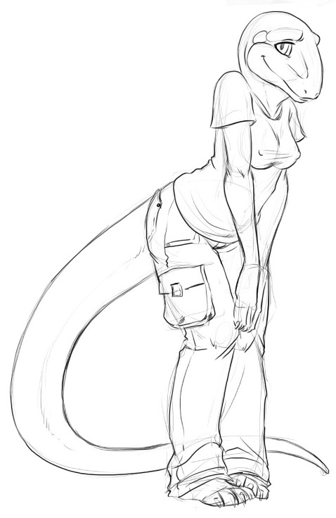 anthro biped bottomwear breasts cargo_pants clothed clothing feet female hindpaw nipple_outline non-mammal_breasts pants paws shirt simple_background solo standing tail topwear white_background conditional_dnp sefeiren jenny_(slither) komodo_dragon lizard monitor_lizard reptile scalie black_and_white monochrome sketch