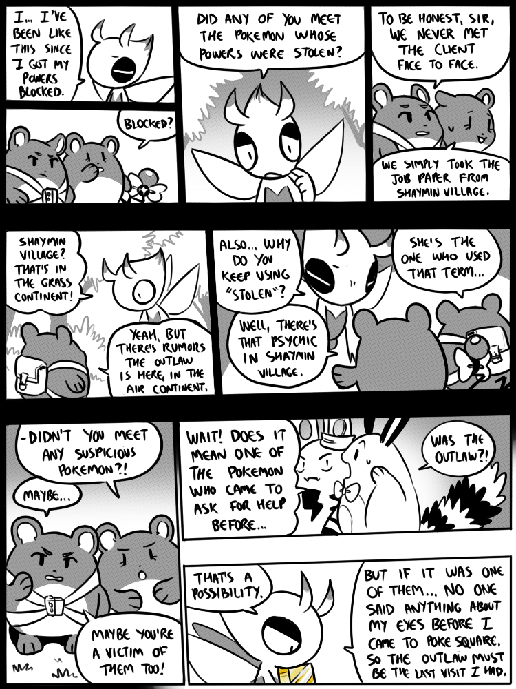 9_panel_comic ambiguous_gender antennae_(anatomy) anthro bag biped black_eyes black_text bodily_fluids bow_ribbon dialogue ellipsis exclamation_point eyebrows eyelashes eyes_closed fluffy fluffy_tail grass group holding_object looking_at_another mouth_closed open_mouth outside paws plant question_mark speech_bubble standing sweat sweatdrop tail talking_to_another text tree white_sclera wings flavia-elric nintendo pokemon pokemon_mystery_dungeon spike_chunsoft celebi_(yapc) paris_(yapc) tai_(yapc) terry_(yapc) vivi_(yapc) celebi elekid generation_2_pokemon legendary_pokemon marill pokemon_(species) sentret 2019 3:4 comic digital_media_(artwork) english_text greyscale monochrome