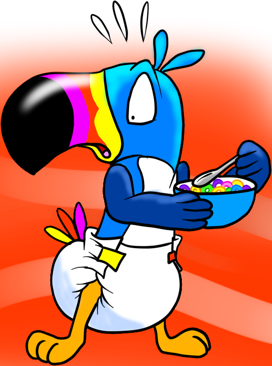 beak cereal cereal_bowl clothed clothing cutlery diaper food kitchen_utensils male mascot open_beak open_mouth shocked solo spoon surprised_expression tools wearing_diaper pidgopidgey_(artist) froot_loops kellogg's toucan_sam avian bird toucan 2013