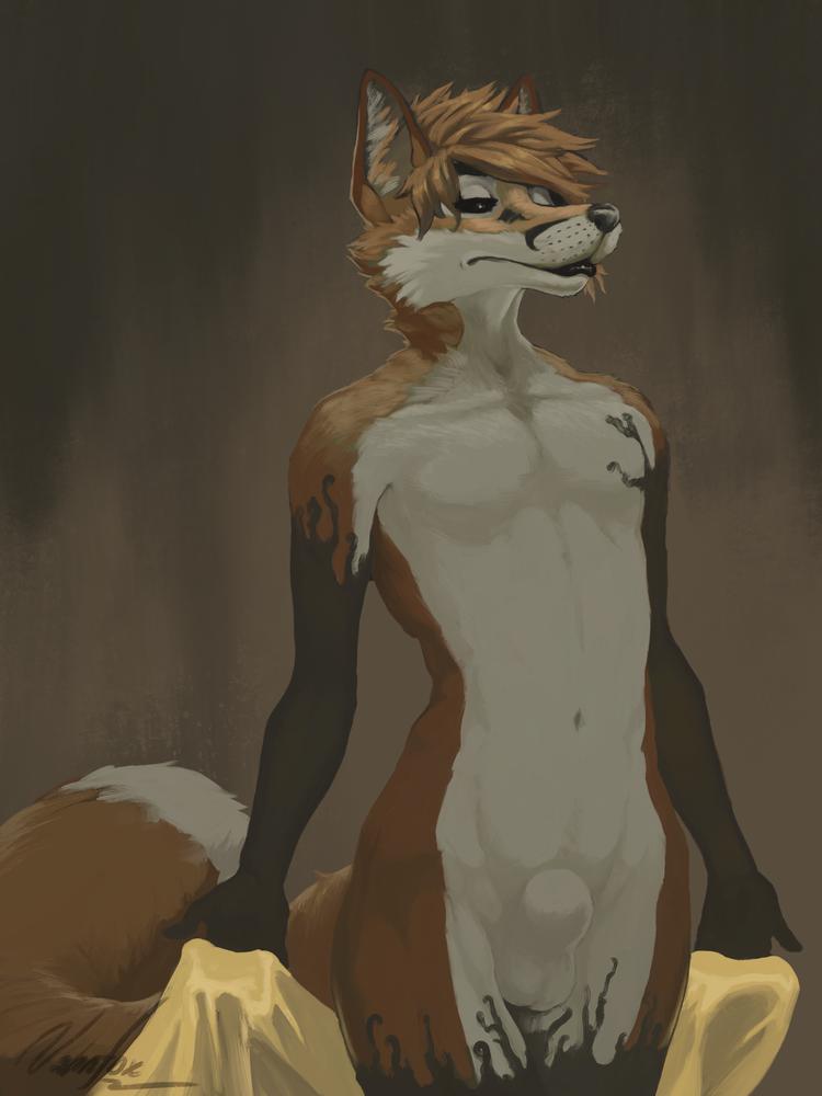 animal_genitalia anthro balls black_body black_eyes black_fur black_lips brown_background brown_body brown_fur featureless_chest frown fur genitals lips male nude_anthro nude_male orange_body orange_fur sheath simple_background solo standing tan_body tan_fur thick_bottom_lip vahnfox canid canine fox mammal