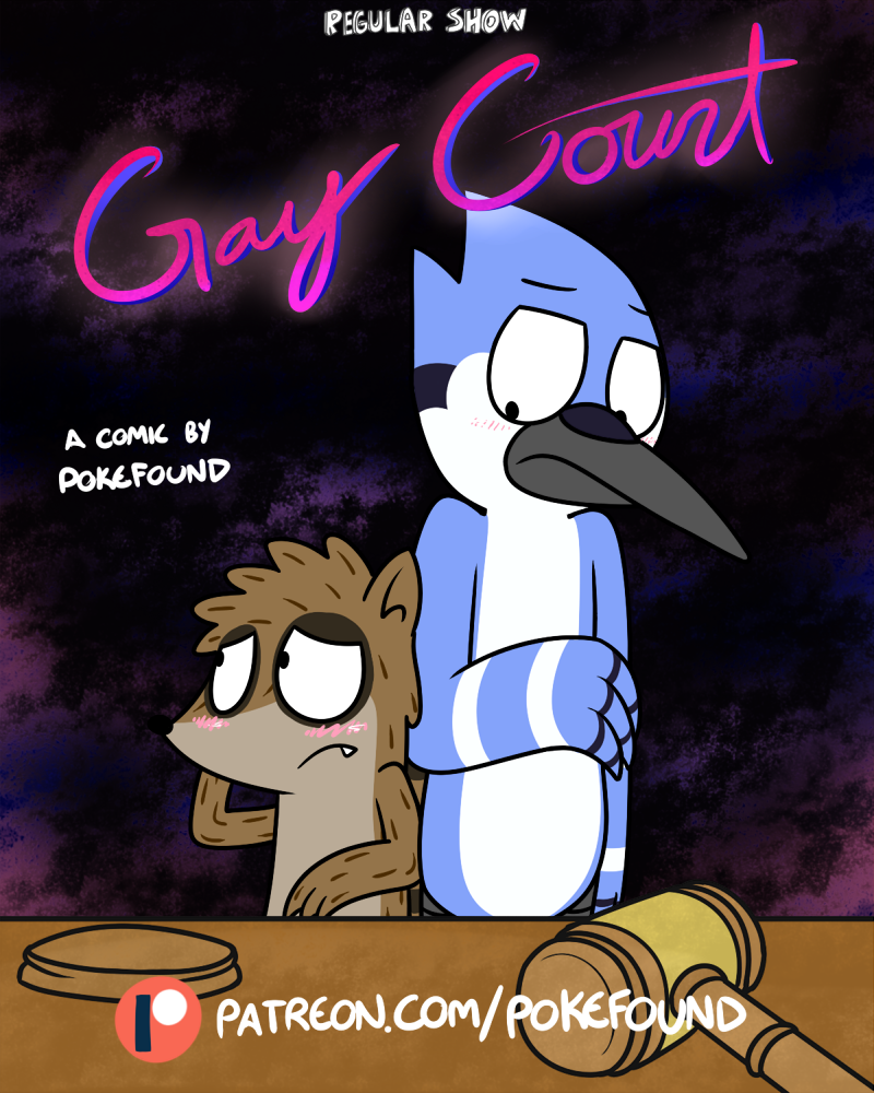 anthro beak blush court desk feathers fur furniture gavel_(object) looking_away male male/male shy table text pokefound cartoon_network regular_show mordecai_(regular_show) rigby_(regular_show) avian bird blue_jay corvid jay_(bird) mammal new_world_jay oscine passerine procyonid raccoon 4:5 comic cover cover_art cover_page url