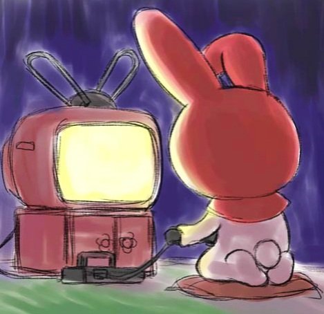 anthro console_on_ground controller electronics female game_console solo television heika_(artist) onegai_my_melody sanrio my_melody lagomorph leporid mammal rabbit low_res