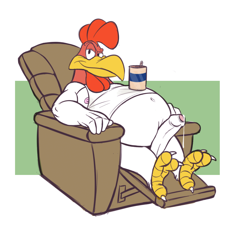 anthro belly big_belly big_penis bodily_fluids bottomless can chair clothed clothing container feet furniture genital_fluids genitals looking_at_viewer male navel overweight overweight_male penis precum recliner reclining shirt smile smirk solo talons tank_top toes topwear tenderule34 looney_tunes warner_brothers foghorn_leghorn avian bird chicken galliform gallus_(genus) leghorn_chicken phasianid 1:1