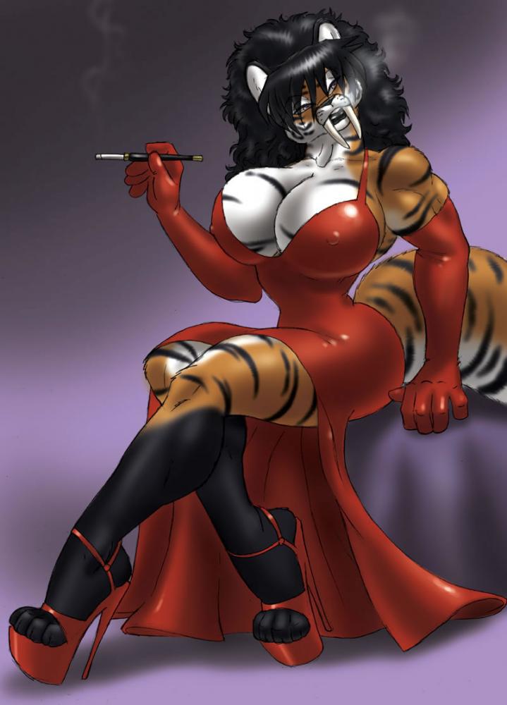 anthro armwear big_breasts biped breasts cigarette cigarette_holder clothed clothing elbow_gloves fangs feet female footwear gloves hair handwear high_heels hindpaw looking_at_viewer muscular muscular_anthro muscular_female paws platform_footwear platform_heels pose purple_eyes sabertooth_(anatomy) seductive shoes sitting skimpy smoke smoking solo stripes tail teeth wide_hips gideon erwyn felid mammal pantherine prehistoric_species saber-toothed_tiger tiger digital_media_(artwork) pinup