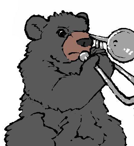 ambiguous_gender brass_instrument frown holding_musical_instrument holding_object looking_at_viewer musical_instrument playing_music simple_background solo trombone white_background wind_instrument unknown_artist american_black_bear bear black_bear mammal ursine low_res