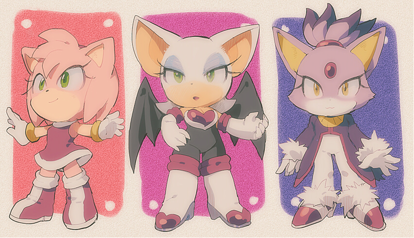 anthro breasts chibi cleavage clothed clothing female fur green_eyes looking_at_viewer pink_body pink_fur solo thick_calves thick_leg thick_thighs thin_calves thin_legs thin_thighs yellow_eyes aoki6311 sega sonic_the_hedgehog_(series) amy_rose blaze_the_cat rouge_the_bat bat domestic_cat eulipotyphlan felid feline felis hedgehog mammal multiple_images