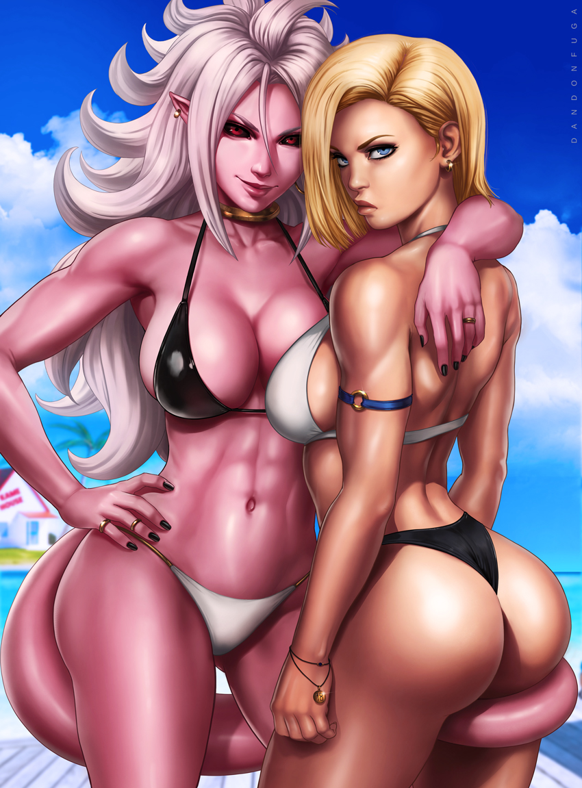 andoid_21 bikini blonde_hair blue_eyes breasts butt cleavage clothed clothing duo female female/female hair looking_at_viewer looking_back not_furry pink_body pink_skin red_eyes swimwear two-piece_swimsuit white_hair dandon_fuga dragon_ball dragon_ball_fighterz dragon_ball_z android_18 majin_android_21 alien alien_humanoid humanoid majin mammal