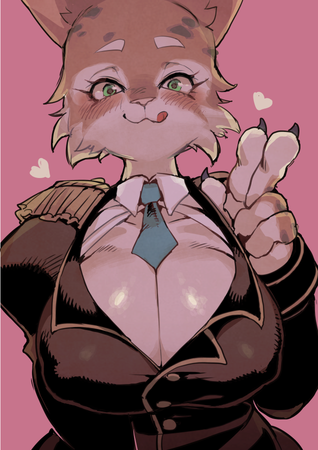 anthro big_breasts breasts claws cleavage clothed clothing epaulet female fully_clothed gesture green_eyes hand_gesture heart_symbol kemono licking licking_lips licking_own_lips looking_at_viewer necktie nipple_outline pink_background pink_nose self_lick simple_background smile solo suit tongue tongue_out v_sign rikose zeha felid feline lynx mammal 2018