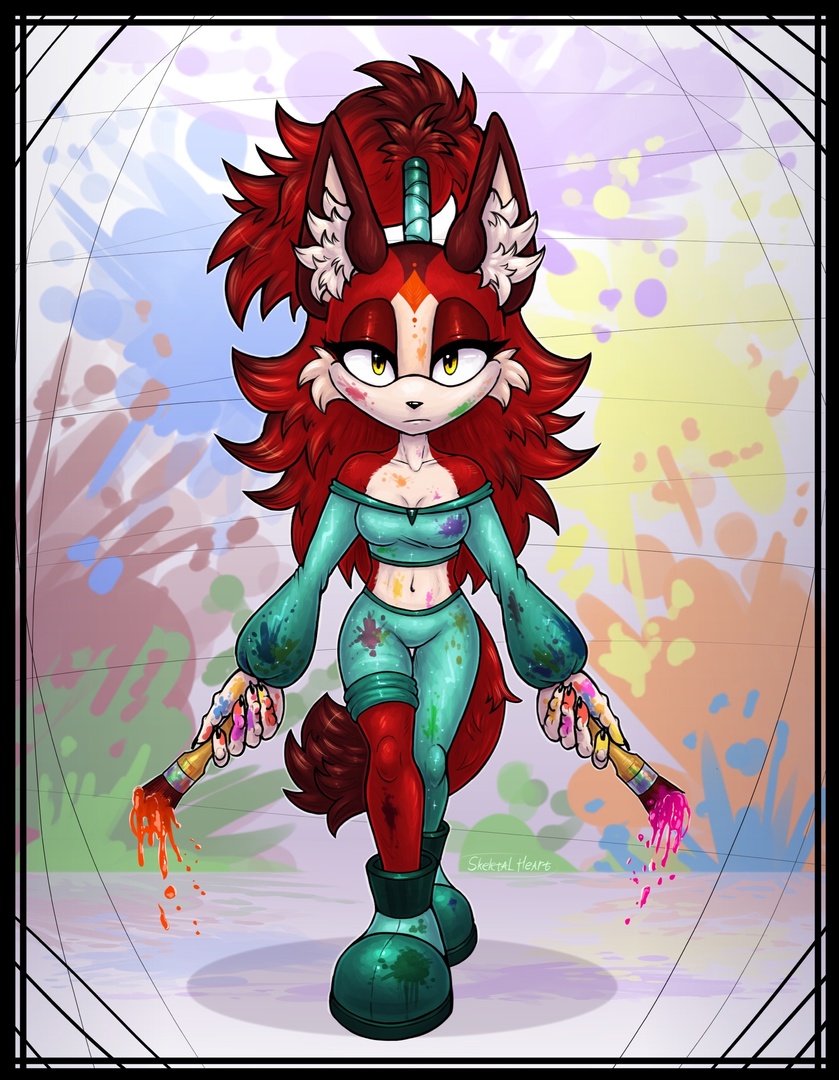 anthro big_ears black_border boots border brush clothed clothing eyelashes eyeshadow female footwear fur hair inner_ear_fluff leggings legwear long_hair makeup paintbrush paints ponytail red_body red_fur red_hair shoes simple_background solo sweater topwear tuft yellow_eyes skeletalheart sega sonic_the_hedgehog_(series) fan_character canid canine canis jackal mammal