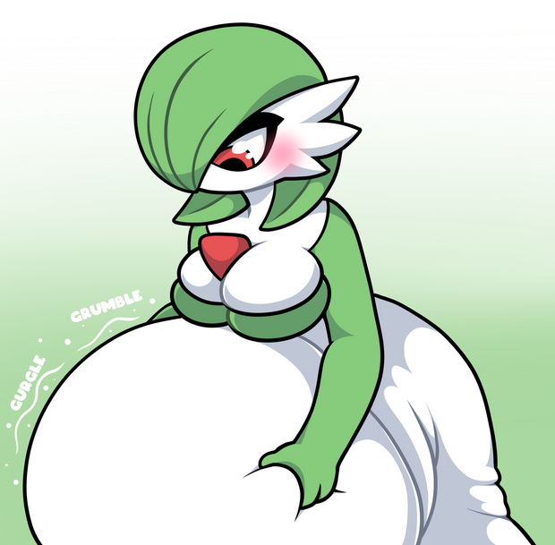 belly big_belly big_breasts blush breasts cleavage clothed clothing female green_body green_hair hair hand_on_belly holding_stomach huge_belly hyper hyper_belly looking_at_stomach looking_down mouthless not_furry one_eye_obstructed red_eyes rumbling_stomach solo sound_effects text white_body pompuffy_(artist) nintendo pokemon gardevoir generation_3_pokemon humanoid pokemon_(species)