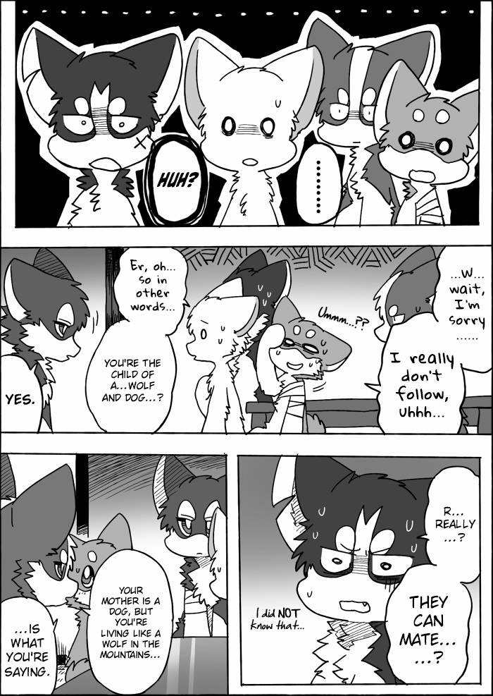feral group semi-anthro text ayaka a-chan fuuga kyappy mashiro shibeta canid canine canis domestic_dog husky hybrid mammal nordic_sled_dog shiba_inu spitz wolfdog comic english_text monochrome