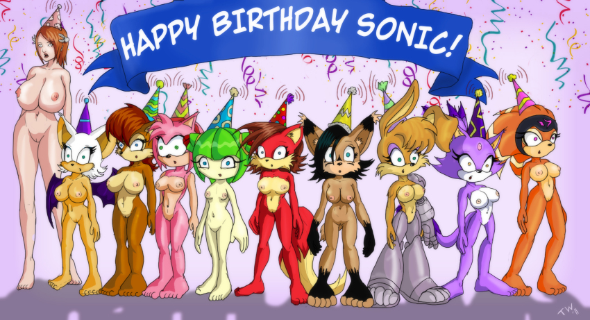 accessory anthro banner belly big_breasts birthday birthday_party breasts clothing decoration feet female genitals hair hat headband headgear headwear kerchief mind_control nude nude_female party_hat plant robotic_arm robotic_legs robotic_limbs trishbot archie_comics sega sonic_chronicles:_the_dark_brotherhood sonic_the_hedgehog_(archie) sonic_the_hedgehog_(comics) sonic_the_hedgehog_(series) sonic_x amy_rose blaze_the_cat bunnie_rabbot cosmo_the_seedrian fiona_fox nicole_the_lynx princess_elise_the_third rouge_the_bat sally_acorn shade_the_echidna bat canid canine chipmunk echidna elemental_creature eulipotyphlan felid feline flora_fauna fox ground_squirrel hedgehog human lagomorph leporid lynx mammal monotreme rabbit rodent sciurid seedrian better_version_at_source