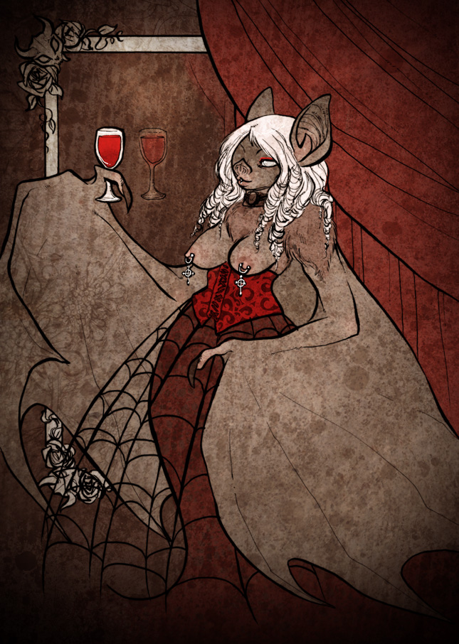 big_ears blood bodily_fluids breasts clothing corset female hair lingerie long_hair membrane_(anatomy) membranous_wings nipples solo spider_web topwear white_hair wings savannah_horrocks bat mammal undead vampire digital_media_(artwork) full-length_portrait portrait