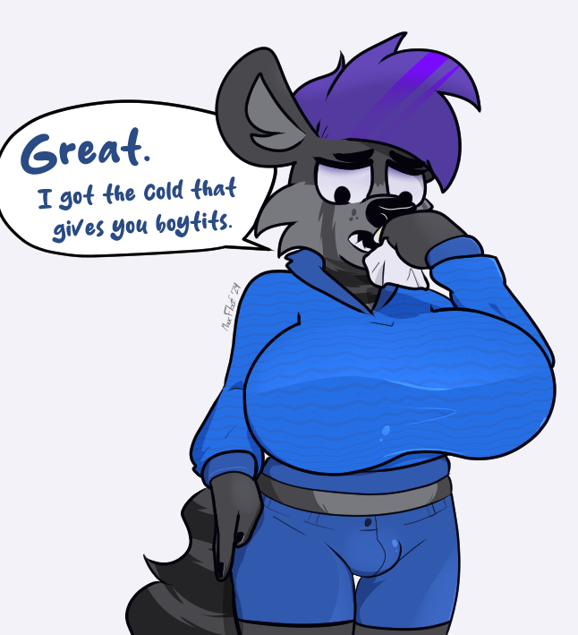 after_transformation anthro big_breasts bottomwear breasts bulge clothing gender_transformation hair hoodie huge_breasts ill intersex mtg_transformation mti_transformation purple_hair shorts sneeze solo text topwear transformation maxfloof max_(maxfloof) hyena mammal english_text male_(lore)