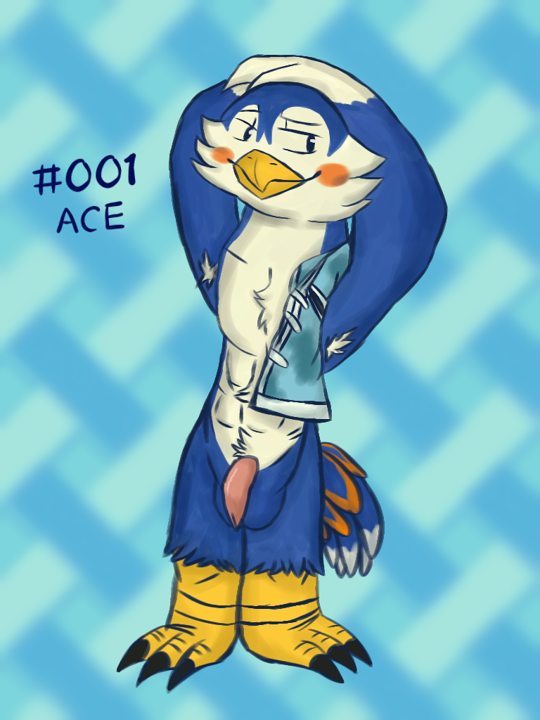 abs anthro armpit_hair athletic athletic_male balls bird_penis blue_body body_hair clothing clothing_aside feathers genitals male nude solo stretching tail tail_feathers onikuma_(artist) animal_crossing nintendo ace_(animal_crossing) avian bird 3:4