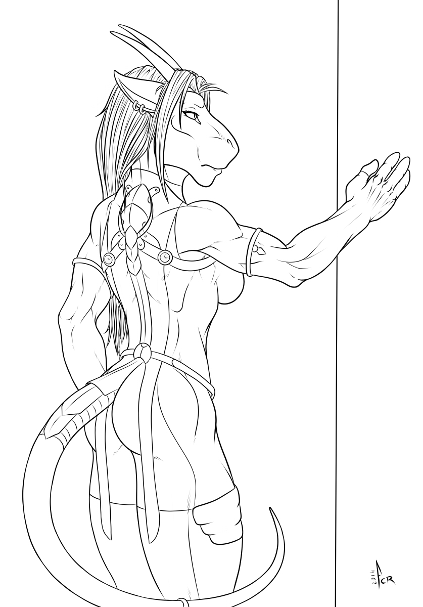 4_fingers anthro breasts clothed clothing ear_piercing female fingers fur hair piercing solo standing tail wide_hips aurancreations mythology safira dragon felid hybrid mammal mythological_creature mythological_scalie pantherine scalie 2014 hi_res line_art monochrome