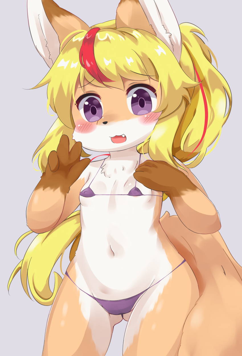 4_fingers anthro bikini blonde_hair blush breasts brown_body brown_fur clothed clothing countershading female fingers front_view fur gesture gloves_(marking) hair hand_gesture highlights_(coloring) inner_ear_fluff long_hair looking_at_viewer markings micro_bikini multicolored_body multicolored_fur navel nipple_outline open_mouth orange_body orange_fur ponytail purple_eyes red_highlights simple_background skimpy small_breasts solo standing swimwear triangle_bikini tuft two-piece_swimsuit under_boob v_sign white_body white_fur young young_anthro eigetsu canid canine fox mammal 2018 hi_res portrait three-quarter_portrait