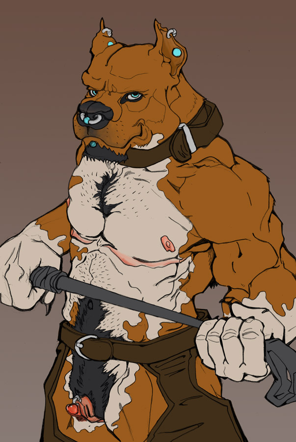 andromorph anthro barazoku big_clitoris bottomwear brown_background brown_body clitoral_hood clitoris clitoris_piercing clitoris_ring clothing collar crotchless_bottomwear crotchless_clothing crotchless_pants ear_piercing ear_ring facial_hair facial_piercing genital_piercing genitals hairy_pussy intersex lip_piercing mastectomy_scar muscular muscular_andromorph muscular_anthro muscular_intersex nipples nose_piercing nose_ring pants piercing pubes pussy pussy_piercing pussy_ring riding_crop ring_piercing scar simple_background solo standing visibly_trans whip white_body mrblackbird canid canine canis domestic_dog mammal pit_bull trans_(lore) trans_man_(lore)