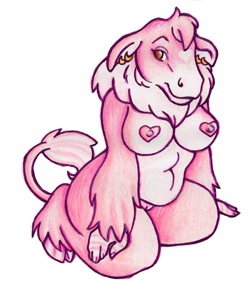 anthro areola belly biped breasts female fur hair heart_symbol kneeling nipples piercing pink_body pink_fur pink_hair slightly_chubby solo tail tail_tuft tuft unknown_artist kelly bovid bovine cattle mammal