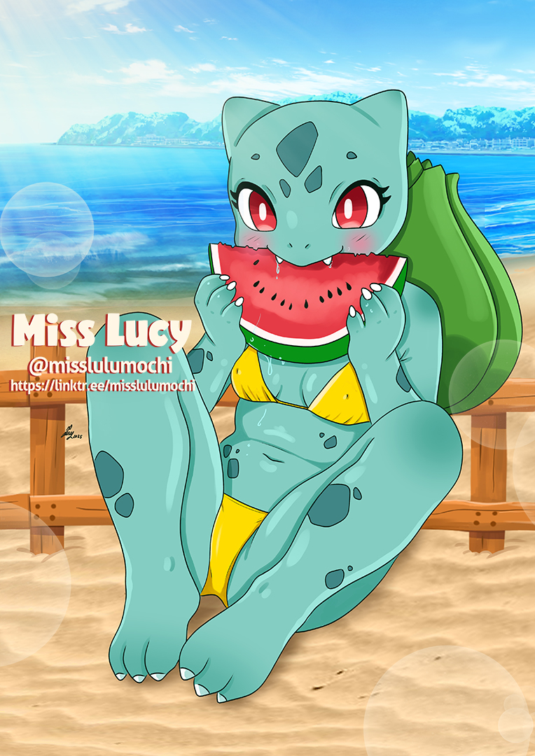 anthro anthrofied beach beach_background bikini bikini_bottom bikini_top breasts clothing eating eating_food female food fruit medium_breasts melon navel nipple_outline non-mammal_breasts non-mammal_navel panties plant pokemorph solo summer swimwear thick_thighs two-piece_swimsuit underwear watermelon watermelon_slice wide_hips misslulumochi nintendo pokemon bulbasaur generation_1_pokemon pokemon_(species) clip_studio_paint_(artwork) digital_media_(artwork)