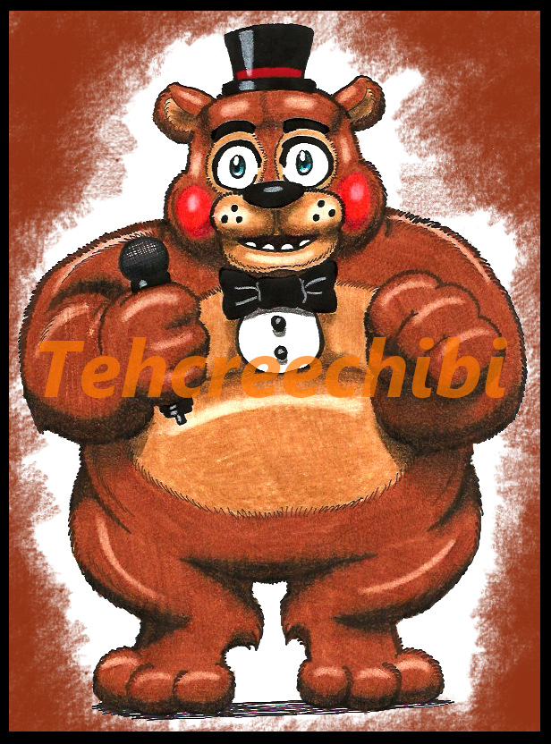 3_toes 4_fingers anthro black_border black_bow_tie black_eyebrows black_nose black_top_hat blue_eyes border bow_tie brown_background brown_body brown_fur button_(fastener) cheek_spots electronics eyebrows feet fingers fist front_view fur holding_microphone holding_object light male microphone multicolored_body multicolored_fur open_mouth simple_background solo standing teeth text toes whisker_spots tehcreechibi five_nights_at_freddy's five_nights_at_freddy's_2 scottgames toy_freddy_(fnaf) bear brown_bear mammal ursine 2015 artist_name colored english_description lighting marker_(artwork) shaded traditional_media_(artwork)