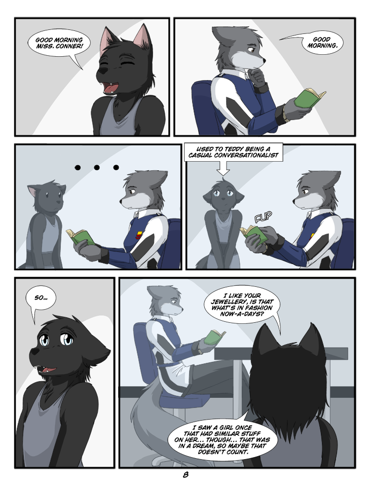 anthro book brown_eyes clock clothed clothing dialogue ellipsis female male military morning text kurapika raven_wolf dolly_conner yula_(raven_wolf) canid canine mammal comic english_text