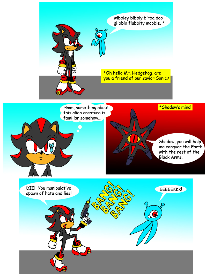 ambiguous_gender anthro black_body black_fur dialogue fur gradient_background greeting gun insane male ranged_weapon red_eyes simple_background standing text weapon wakeangel2001 sega shadow_the_hedgehog_(video_game) sonic_colors sonic_the_hedgehog_(series) black_doom shadow_the_hedgehog alien black_arms_(sonic) eulipotyphlan hedgehog mammal white_wisp wisp_(sonic) comic english_text