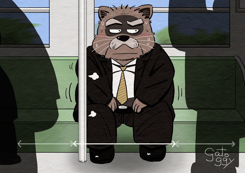 anthro blush bottomwear brown_body brown_fur clothing fur group humanoid_hands kemono male necktie overweight overweight_male pants shirt sitting solo_focus topwear gatoggy canid canine mammal raccoon_dog tanuki 2020 digital_media_(artwork)