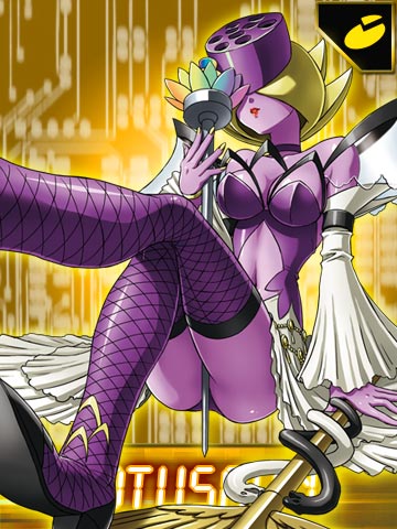 breasts cleavage clothed clothing female legwear not_furry plant purple_body purple_skin simple_background solo stockings yellow_background bandai_namco digimon digimon_(species) elemental_creature flora_fauna humanoid lotusmon monster 3:4 low_res official_art