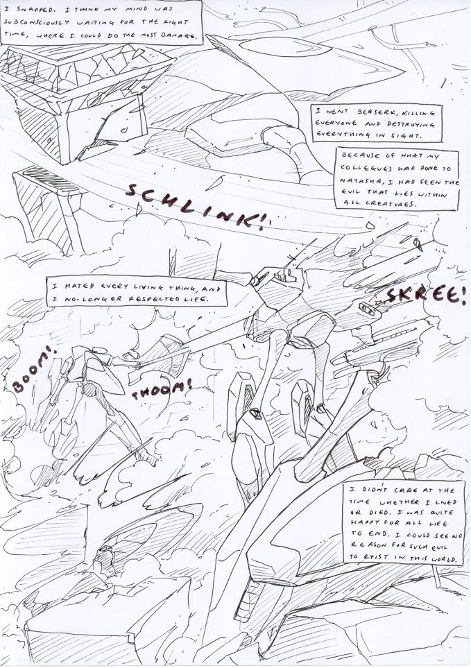 aircraft airship battle damaged_vehicle destroyed_building destruction fight flashback machine mecha motion_lines onomatopoeia smoke sound_effects text vehicle zero_pictured kitfox-crimson stolen_generation black_and_white comic english_text monochrome sketch