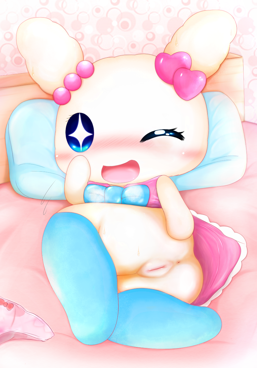 anthro bed blue_eyes blush bow_(feature) bow_tie clothed clothing dress female furniture genitals heart_symbol legwear looking_at_viewer one_eye_closed pillow presenting presenting_pussy pussy smile solo stockings underwear wink naoya tamagotchi lovelitchi hi_res