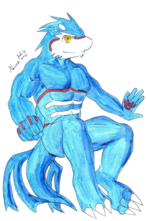 abs anthro convenient_censorship holding_fist looking_at_viewer male muscular muscular_male nude pecs sitting smile smiling_at_viewer solo akino-kamihara nintendo pokemon generation_3_pokemon kyogre legendary_pokemon pokemon_(species) 2013 colored_sketch signature sketch traditional_media_(artwork)