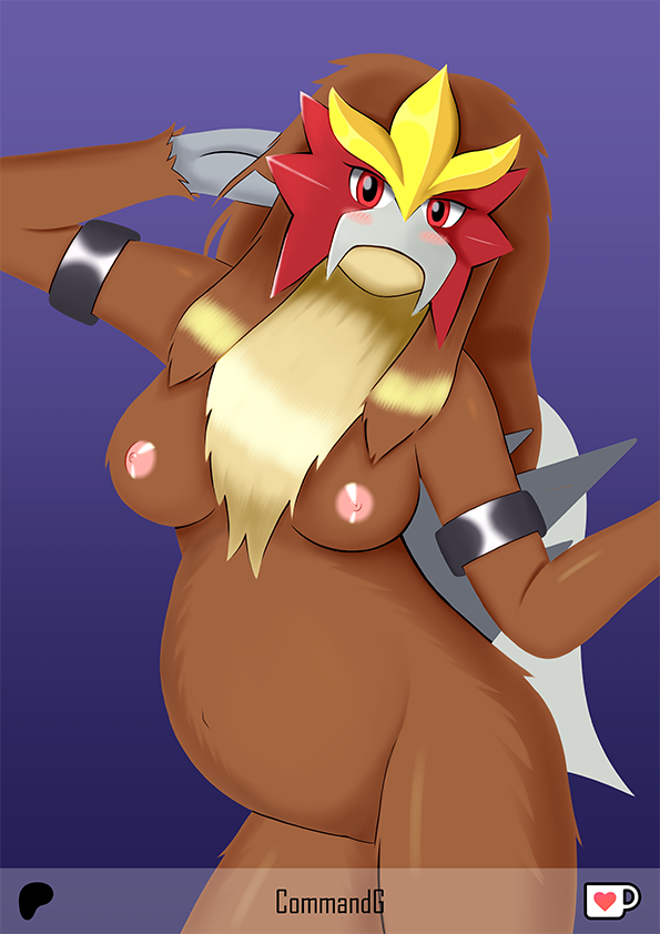 anthro anthrofied breasts brown_body brown_fur brown_hair female fur hair looking_at_viewer nipples nude pokemorph pregnant pregnant_female simple_background solo commandg nintendo pokemon entei generation_2_pokemon legendary_pokemon pokemon_(species)