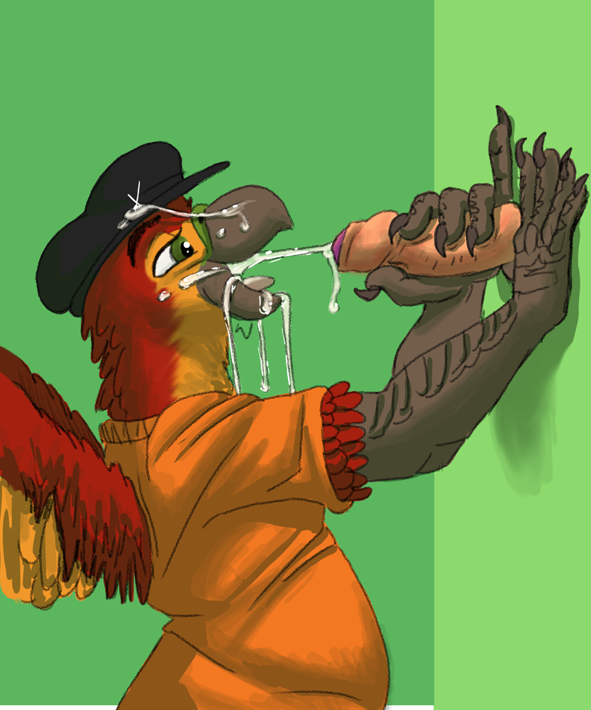 anthro beak bodily_fluids claws clothing cum cum_in_mouth cum_inside cum_on_beak cum_on_clothing cum_on_face cumshot cumshot_in_mouth duo ejaculation faceless_character faceless_male foreskin genital_fluids genitals glory_hole green_eyes hat headgear headwear humanoid_genitalia humanoid_penis interspecies male male/male open_mouth orgasm partially_retracted_foreskin penis shirt solo_focus tongue tongue_out topwear wings mikita7182 delta_conure avian bird jandaya neotropical_parrot parakeet parrot sun_parakeet true_parrot