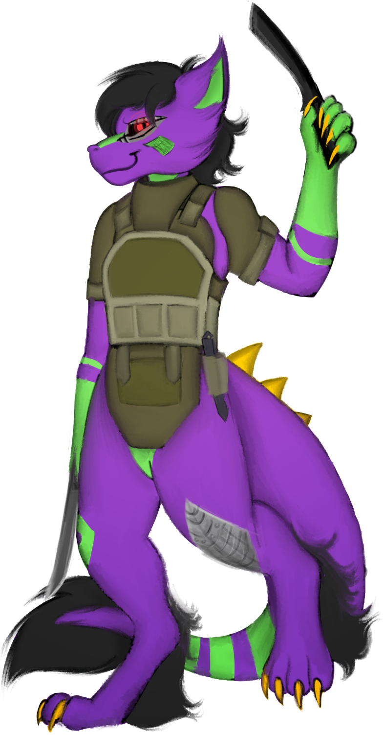 anthro armor ballistic_vest body_armor claws fur glowing glowing_eyes green_body hair holding_object holding_weapon knife knife_sheath leg_tuft looking_at_viewer machete male melee_weapon mischievous_smile pupils purple_body red_eyes slit_pupils solo tail_spines tuft weapon yellow_claws unknown_artist mythology augmented_thunder cyborg_dragon dragon furred_dragon furred_scalie mythological_creature mythological_scalie scalie alpha_channel colored digital_drawing_(artwork) digital_media_(artwork) hi_res portrait shaded simple_shading