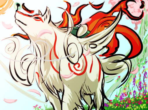 female feral fur solo white_body white_fur unknown_artist capcom clover_studio okami_(capcom) amaterasu_(okami) issun_(okami) canid canine canis deity mammal poncle wolf