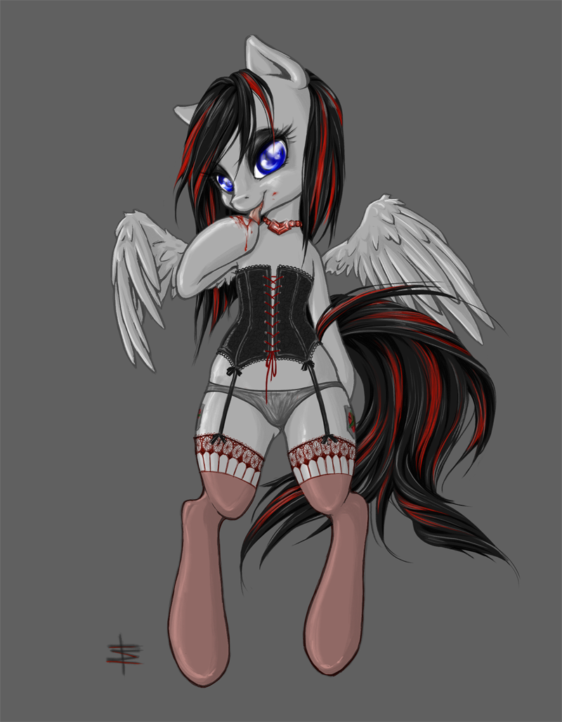 blood bodily_fluids clothed clothing corset feathered_wings feathers female garter_straps hair legwear lingerie panties skimpy solo stockings tail topwear underwear wings tt-n hasbro my_little_pony mythology fan_character equid equine mammal mythological_creature mythological_equine pegasus