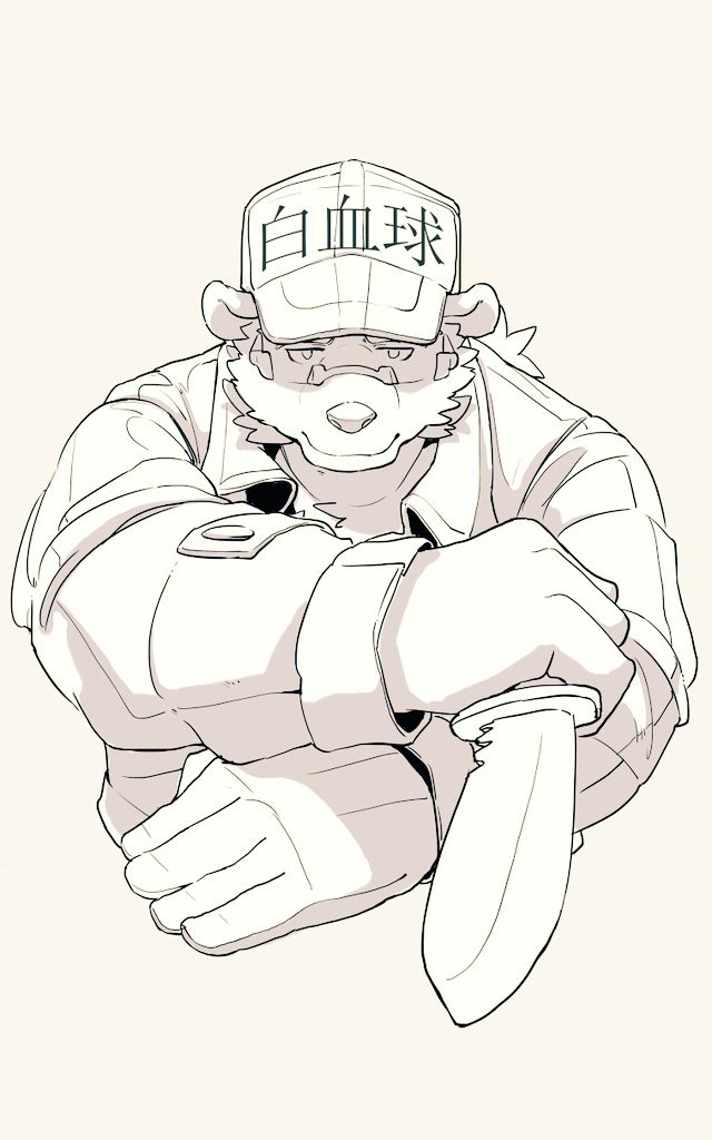 anthro clothed clothing eyewear glasses gloves handwear hat headgear headwear humanoid_hands knife male shirt slightly_chubby solo text topwear 6xiachunqiu7 cells_at_work! lifewonders tokyo_afterschool_summoners leib_(tas) white_blood_cell_(cells_at_work!) bear cell_(cells_at_work!) cell_(organism) mammal micro_organism_(organism) polar_bear ursine 2018 5:8 japanese_text