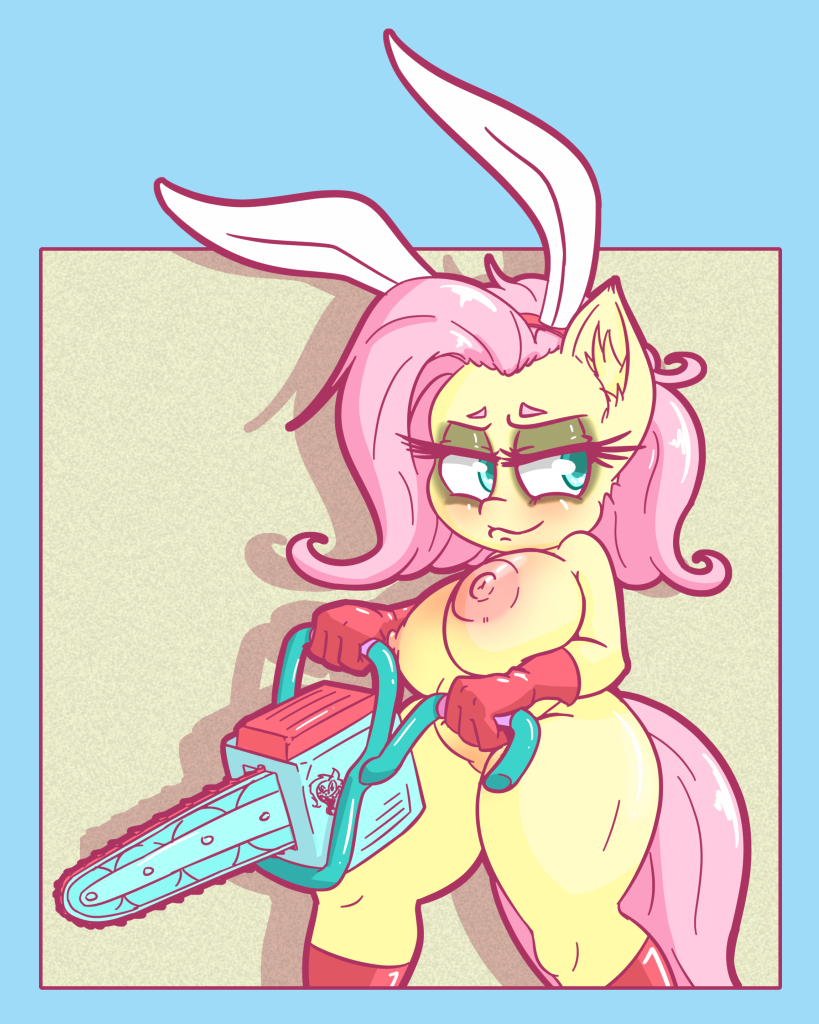 anthro anthrofied areola big_breasts breasts chainsaw fake_ears fake_rabbit_ears featureless_crotch female hair nipples pink_hair power_tool solo thick_thighs tools yellow_body snus-kun friendship_is_magic hasbro my_little_pony fluttershy_(mlp) equid equine mammal