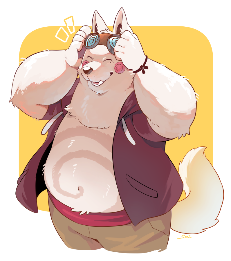 anthro belly bottomwear clothing eyes_closed fur hoodie male overweight overweight_anthro overweight_male pants simple_background solo topwear white_body white_fur seiryuuden breeze_in_the_clouds cori_(breeze_in_the_clouds) canid canine canis domestic_dog mammal 2019