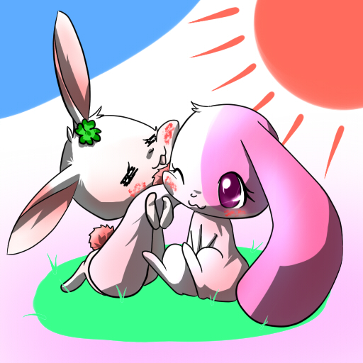 :3 anthro chest_tuft clover_(plant) cuddling daww duo eyelashes eyes_closed female fur japanese long_ears one_eye_closed pink_body pink_eyes pink_fur plant shamrock short_fur sun tuft white_body white_fur wink aru-wai-o happy_happy_clover pixiv sayuri_tatsuyama clover_(happy_happy_clover) mallow_(happy_happy_clover) domestic_rabbit lagomorph leporid lop_rabbit mammal oryctolagus rabbit 1:1