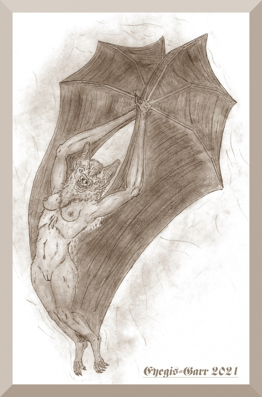 anthro bat_ears bat_nose bat_wings breasts female genitals looking_at_viewer membrane_(anatomy) membranous_wings navel neck_tuft nipples nude pussy simple_background solo spread_wings tuft wings eyegis-garr bat mammal hi_res monochrome traditional_media_(artwork)