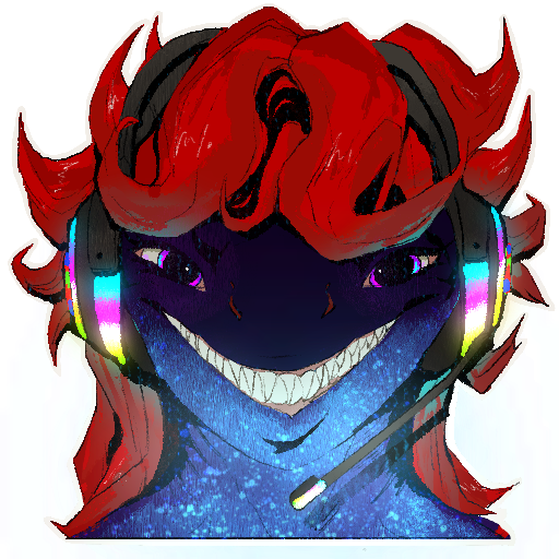 anthro bioluminescence female gaming_headset glowing hair looking_at_viewer purple_body purple_eyes purple_skin red_hair sharp_teeth teeth telegram_sticker toothy_grin pinkgirlpen kairi_kitefin dalatiid fish kitefin_shark marine shark squaliform 1:1 2023 alpha_channel digital_media_(artwork)