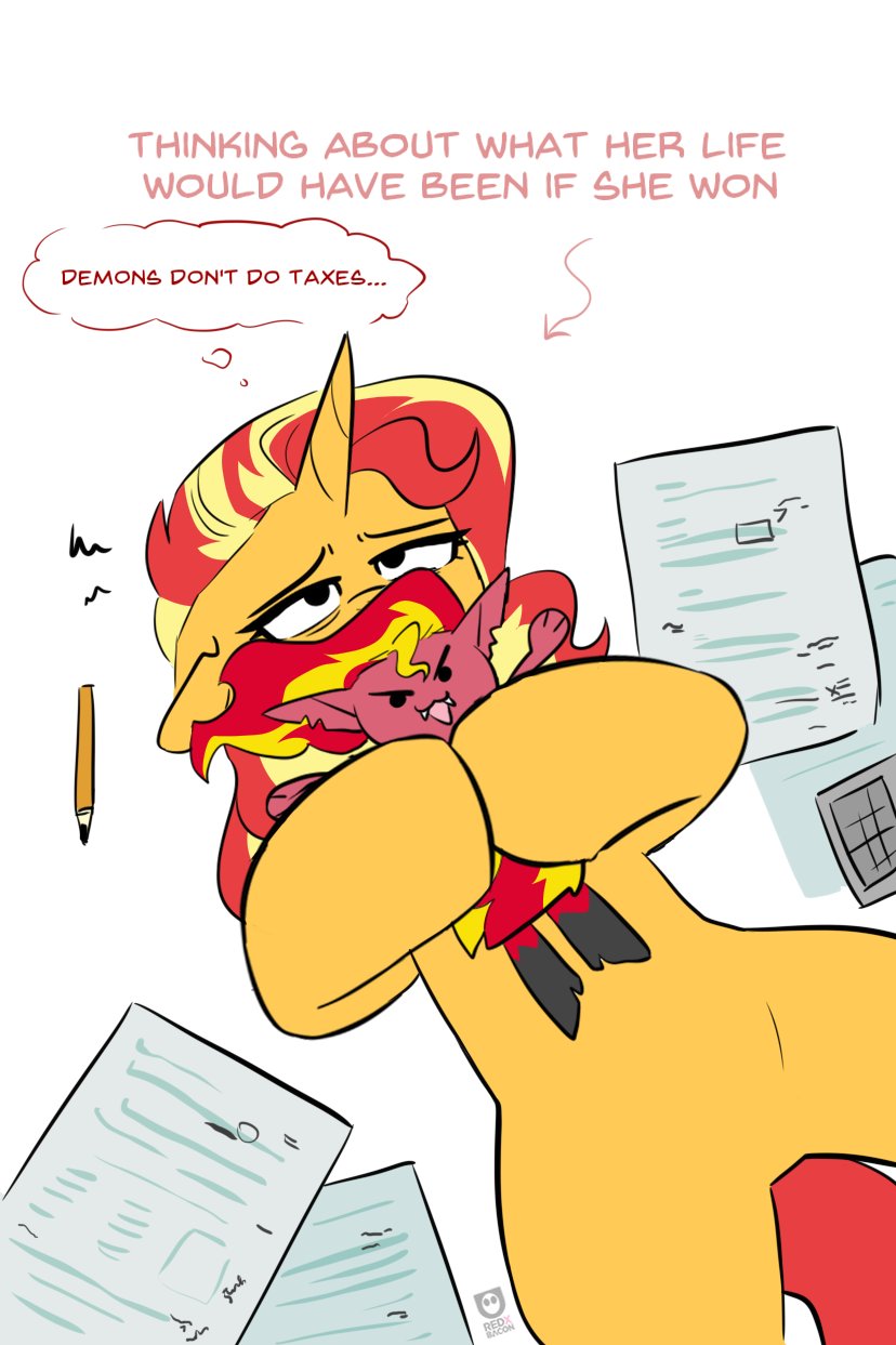 blonde_hair bored fangs female fur hair horn multicolored_hair paper pencil_(object) plushie red_hair taxes teeth text thought_bubble two_tone_hair yellow_body yellow_fur redxbacon equestria_girls hasbro my_little_pony mythology demon_shimmer_(eg) sunset_shimmer_(eg) demon equid equine mammal mythological_creature mythological_equine unicorn english_text hi_res