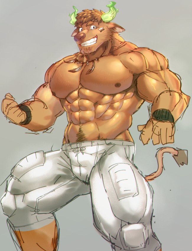 abs alternate_species anthro areola biped bottomwear brown_body brown_eyes brown_fur brown_hair clothed clothing eye_black fur furrification grey_background grin hair horn male muscular muscular_anthro muscular_male nipples pants pecs simple_background smile solo tail tail_tuft topless tuft white_bottomwear white_clothing white_pants wristband da_rlton lifewonders tokyo_afterschool_summoners wakan_tanka_(tas) bovid bovine mammal sketch