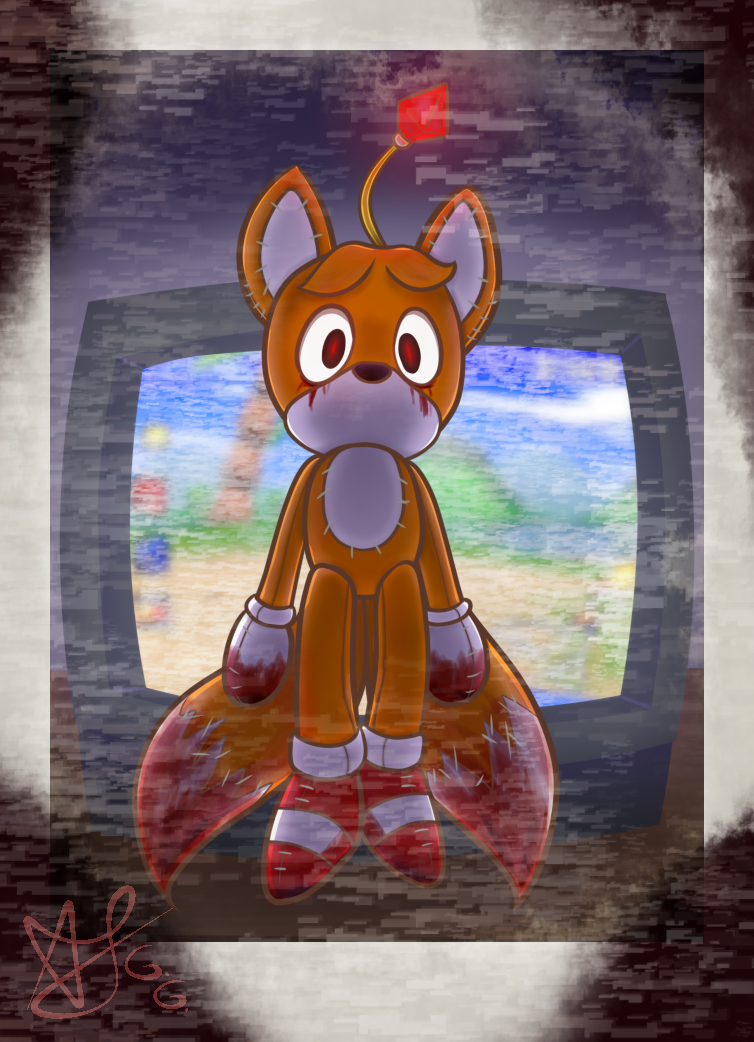 2_tails ambiguous_gender antennae_(anatomy) anthro blood bodily_fluids clothing creepy crt doll electronics footwear gloves glowing handwear looking_at_viewer multi_tail red_eyes shoes solo static stitch_(sewing) tail television alstragolden creepypasta sega sonic_the_hedgehog_(series) tails_doll canid canine fox mammal