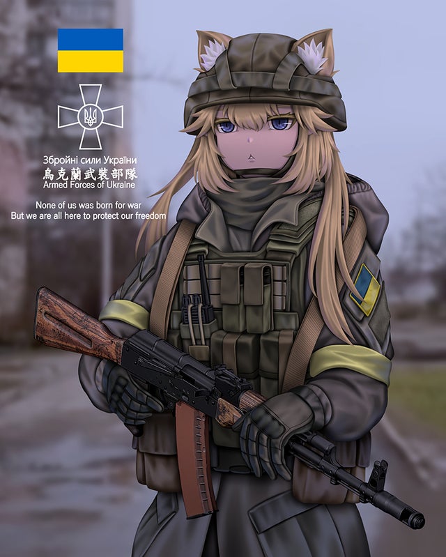 5_fingers ak-74 ak_platform ambiguous_gender armor assault_rifle blonde_hair blue_eyes bulletproof_vest city city_background cityscape clothing electronics fingers furgonomic_headwear furgonomics gloves gun hair handwear headgear helmet holding_assault_rifle holding_gun holding_object holding_ranged_weapon holding_rifle holding_weapon inner_ear_fluff military military_uniform pale_body pockets politics radio ranged_weapon rifle soldier solo straps text tuft ukraine ukrainian_flag uniform walkie-talkie war warrior weapon white_body white_inner_ear_fluff luobiteluo1 russo-ukrainian_war animal_humanoid cat_humanoid felid felid_humanoid feline feline_humanoid humanoid mammal mammal_humanoid 2022 chinese_text digital_media_(artwork) english_text ukrainian_text