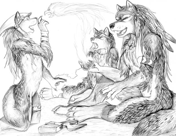 anthro casual_nudity family female group group_nudity magic magic_user male mostly_nude shaman social_nudity tail tribal tribal_spellcaster young young_anthro stasis_delirium delight canid canine canis mammal wolf monochrome