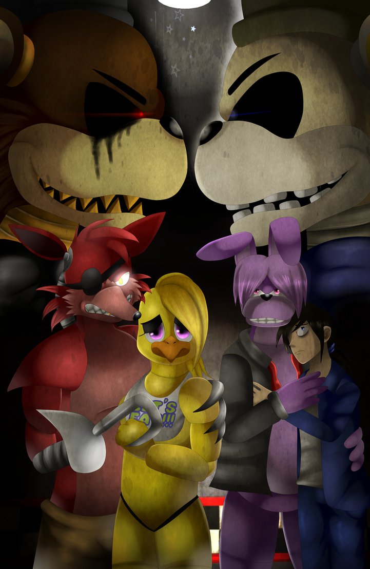 black_sclera blue_eyes eye_patch eyewear glowing glowing_eyes machine pink_eyes purple_eyes red_eyes yellow_eyes shinyhunterf five_nights_at_freddy's scottgames bonnie_(fnaf) chica_(fnaf) foxy_(fnaf) freddy_(fnaf) mike_schmidt_(fnaf) animatronic avian bear bird canid canine chicken fox galliform gallus_(genus) human lagomorph leporid mammal phasianid rabbit robot 2014