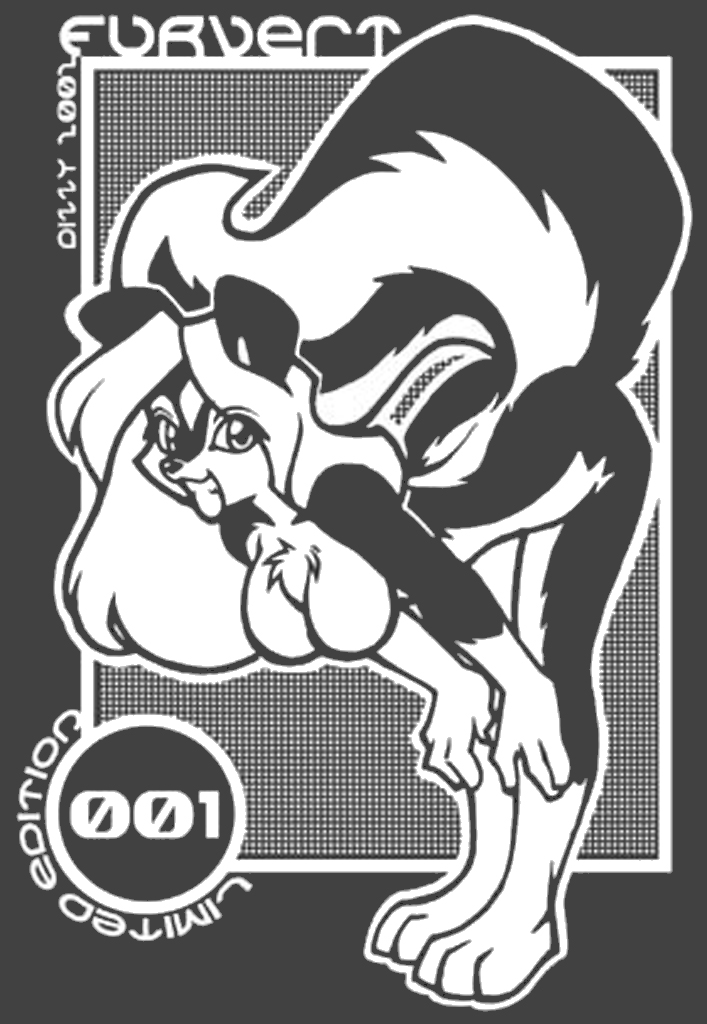 anthro bent_over breasts chest_tuft female fur nude raised_tail shirt_design solo tail tuft dizziness mammal mephitid skunk black_and_white monochrome